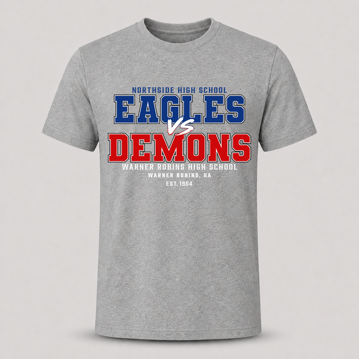 Gray t-shirt with blue Eagles versus red Demons Warner Robins rivalry lettering