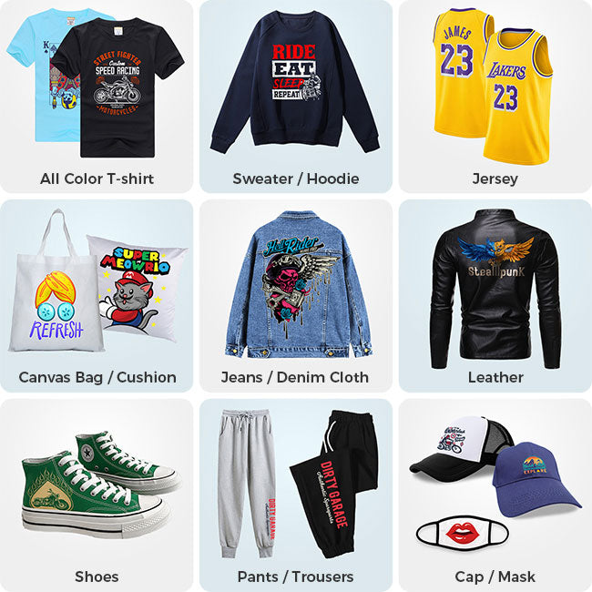 Grid of finished DTF transfer examples on shirts, hoodies, bags, denim, and accessories
