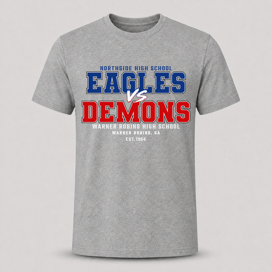 Gray t-shirt with blue Eagles versus red Demons Warner Robins rivalry lettering