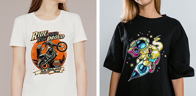 Finished DTF transfers on white and black t-shirts showing opaque multi-color prints