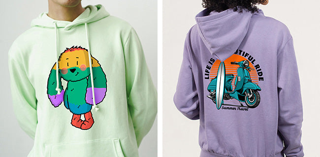 Finished DTF transfers on hoodies showing front and back colorful graphics