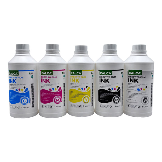 Set of 1-liter DTF ink bottles in cyan, magenta, yellow, black, and white